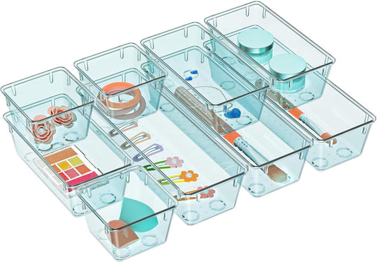 WOWBOX 9 Pack Clear Drawer Organizer Set, Acrylic Drawer Storage Trays, Storage Bins for Makeup, Cosmetics, Jewelries, Utensils, Gadgets, Office, Sea Blue