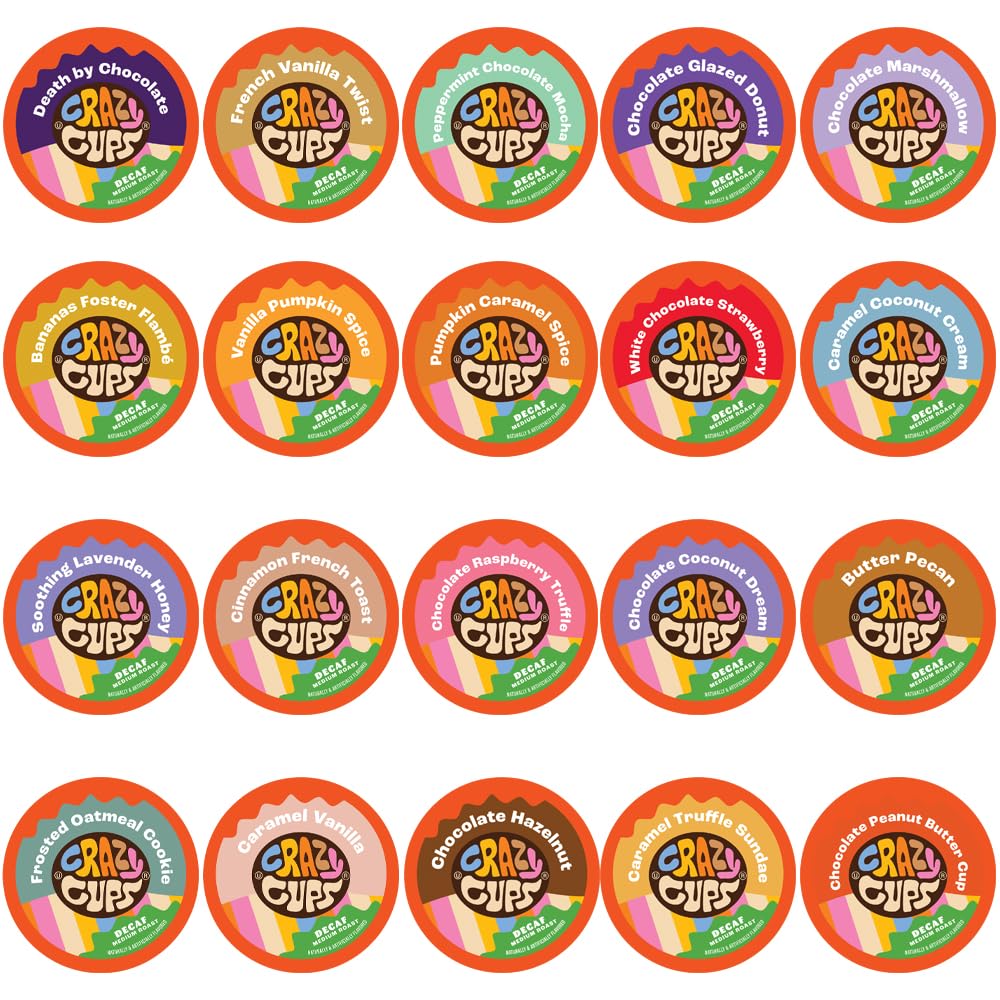 Crazy Cups Flavored Decaf Coffee Single Serve Cups For Keurig K Cup Brewer Variety Pack Sampler, 20 Count (Pack of 1)