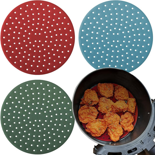 Reusable Round Silicone Air Fryer Liners (9 Inch, 3 Pack) by Linda’s Essentials - Non-Stick, Easy-Clean Accessories with Cheat Sheet & Recipe Book, Perfect for Quick Meals