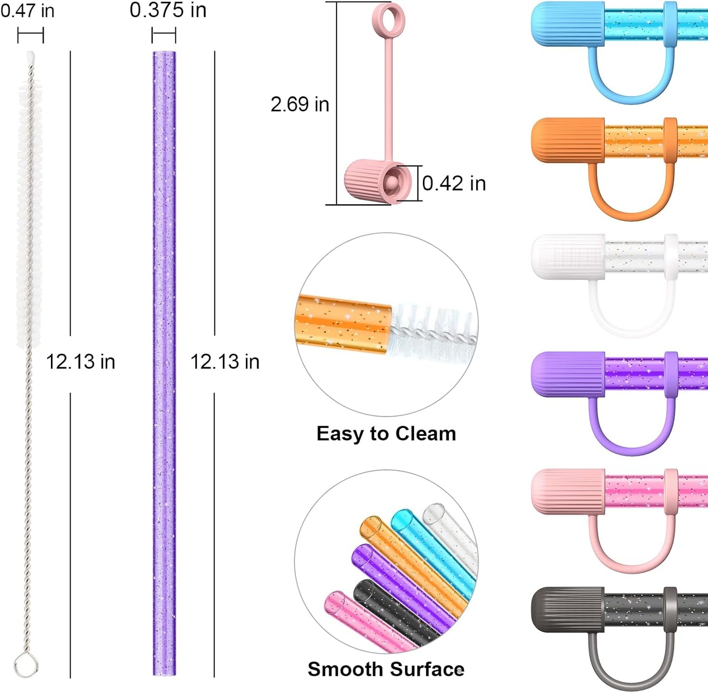 12 Color Replacement Straws with Cover Caps for Stanley Cup 40 oz 30 oz 20 oz 14 oz 64 oz Tumbler, Reusable Drinking Straws with Topper, Stopper, Cleaning Brush for Stanley Cup Accessorie