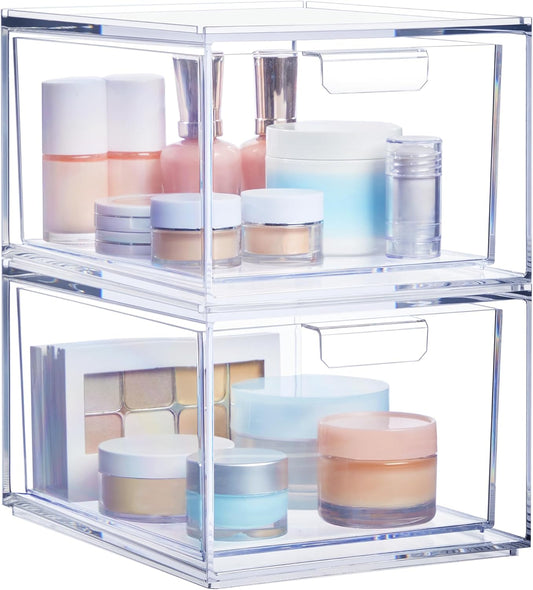 STORi Audrey Stackable Clear Bin Plastic Organizer Drawers | 2 Piece Set | Organize Cosmetics and Beauty Supplies on a Vanity | Made in USA