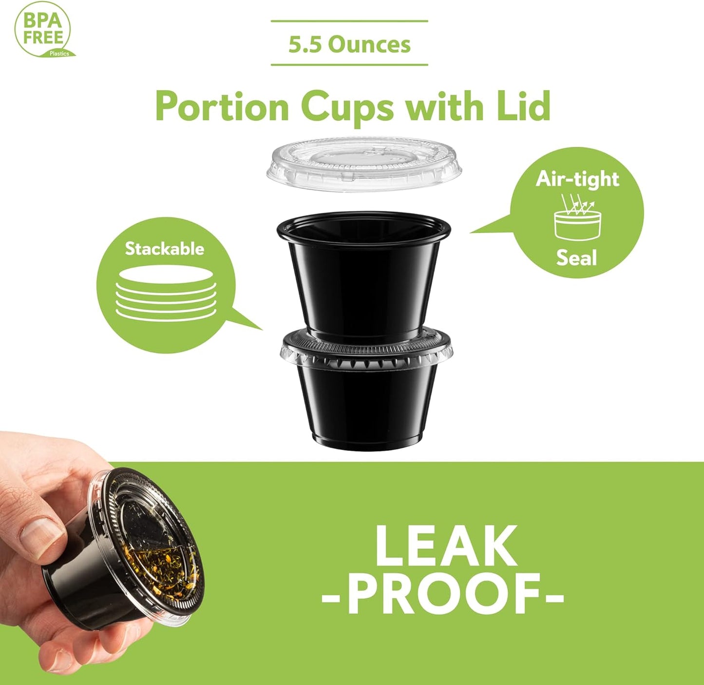 (5 oz - 100 Sets) Black Diposable Plastic Portion Cups With Lids, Small Mini Containers For Portion Controll, Jello Shots, Meal Prep, Sauce Cups, Slime, Condiments, Medicine, Disposable Souffle Cups