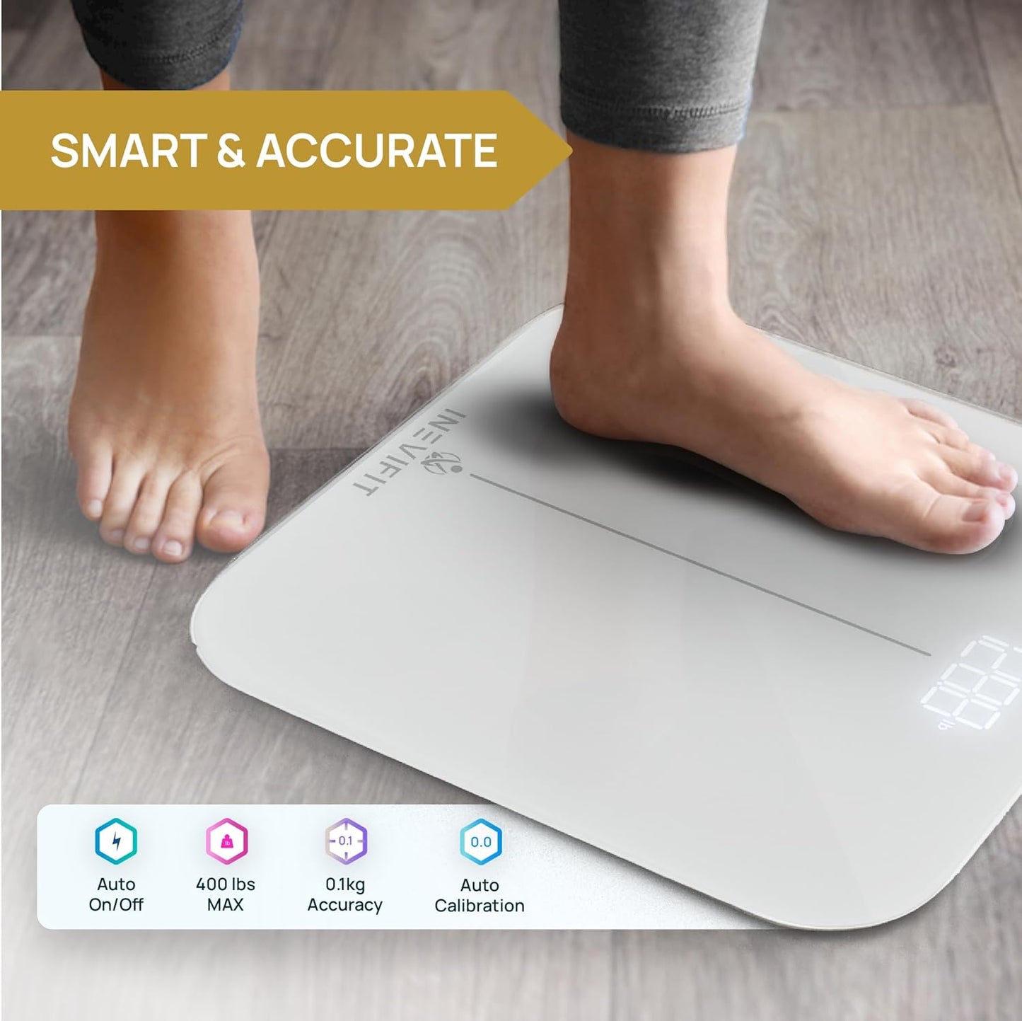 INEVIFIT Smart Premium Bathroom Scale, Highly Accurate Bluetooth Digital Bathroom Body Weight Scale, Precisely Measures Weight & BMI for Unlimited Users