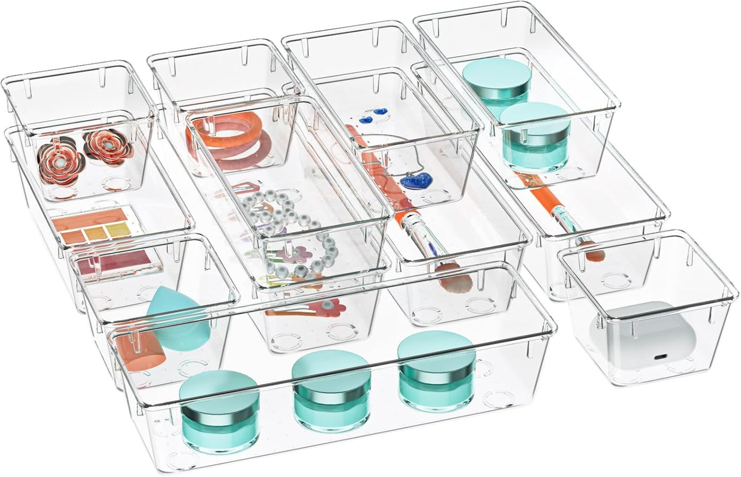 WOWBOX 12 Pack Clear Drawer Organizer Set, Acrylic Drawer Storage Trays, Storage Bins for Makeup, Cosmetics, Jewelries, Utensils, Gadgets, Office