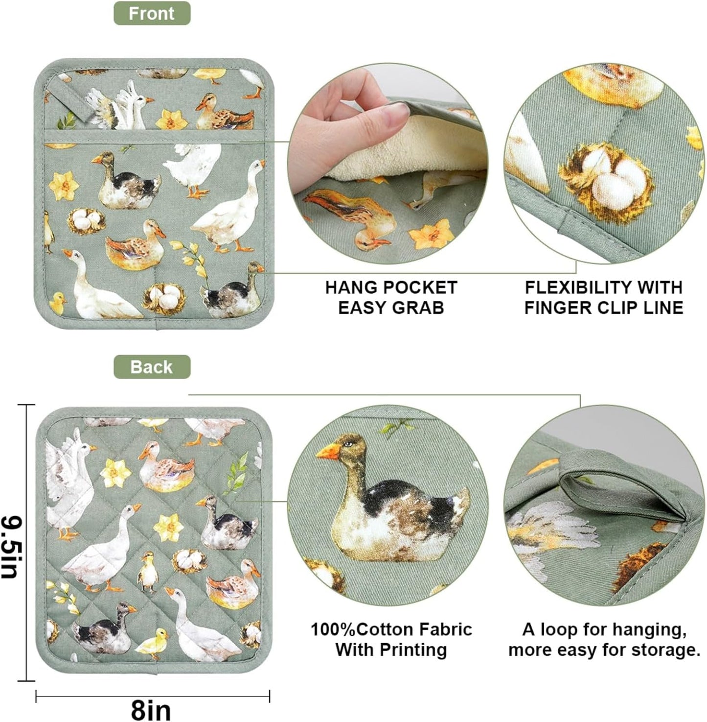 Pot Holders Set of 2 Heat Resistant 480℉ Kitchen 100% Cotton Comfortable Lining Printing Teal Flower Women Men Home Cooking Baking Microwave BBQ Gift (Teal potholders)