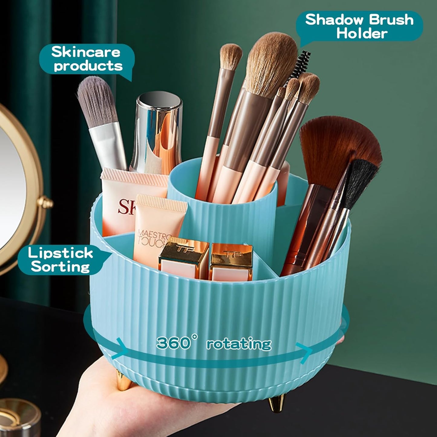 360° Rotate Makeup Brush Holder Organizer, Makeup Organizers Countertop, Makeup organization and Skincare Storage with Gift Box Packing for Vanity, Desktop, Bathroom (Blue)
