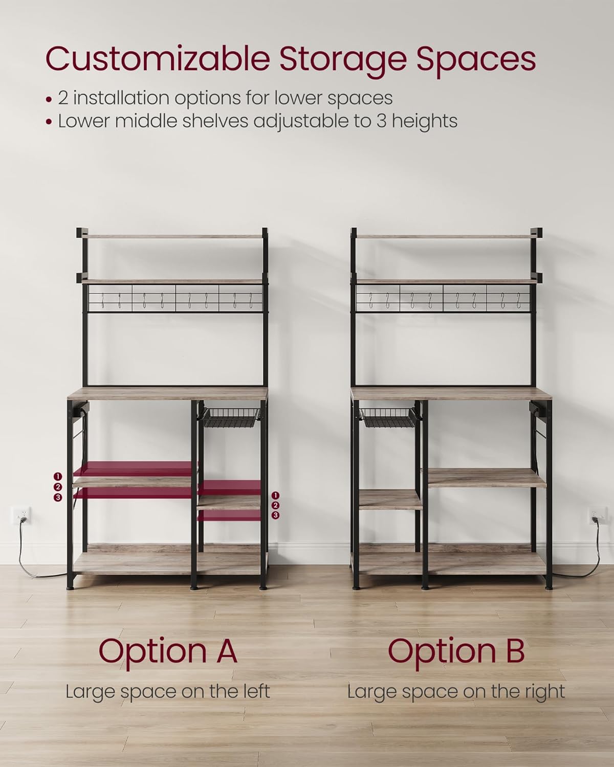 VASAGLE Bakers Rack with Power Outlet, 35.4 Inches Microwave Stand, Coffee Bar, 4 AC Outlets, with Adjustable Shelves, 8 S-Hooks, Basket, Spice Racks, Heather Greige and Ink Black UKKS031K02