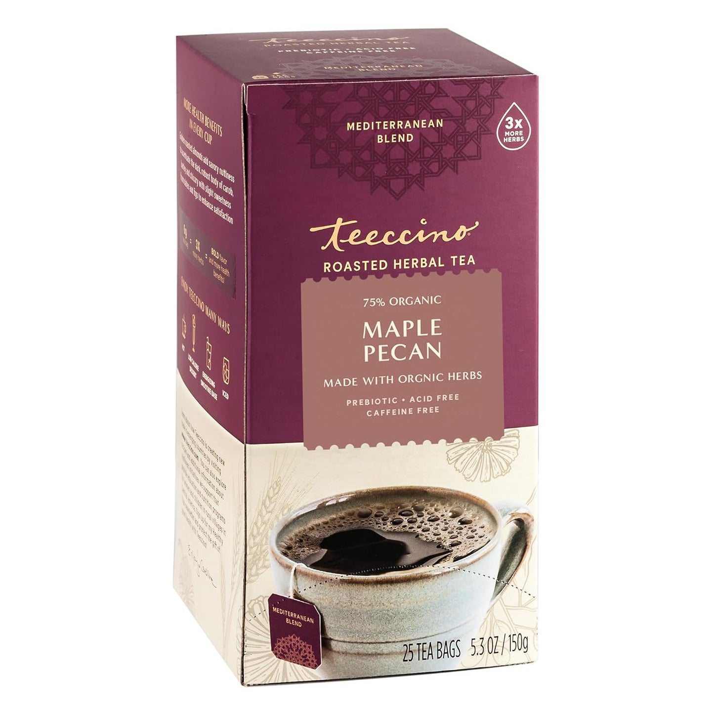 Teeccino Maple Pecan Herbal Tea - Rich & Roasted Herbal Tea That’s Caffeine Free & Prebiotic for Natural Energy, Coffee Alternative, 25 Count
