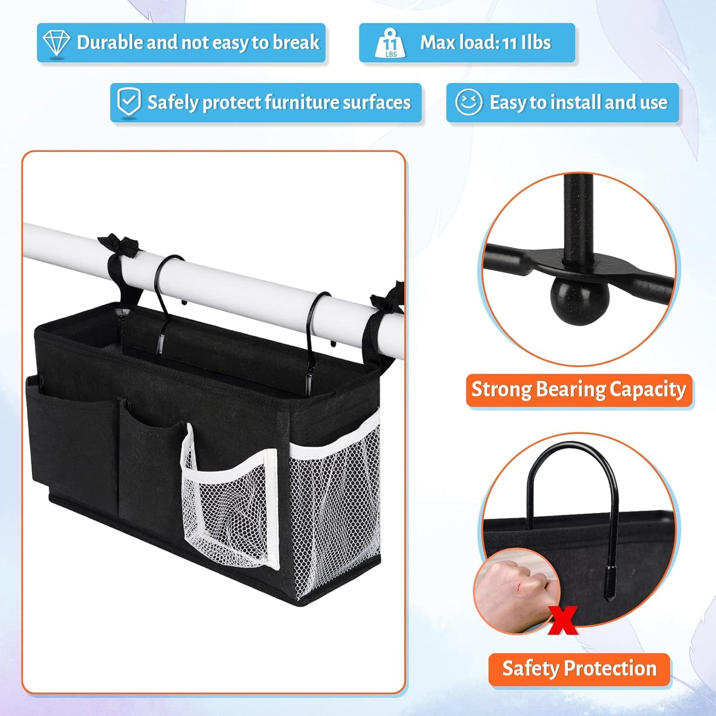 Loghot Bedside Caddy/Bedside Storage Bag Hanging Organizer for Bunk and Hospital Beds,Dorm Rooms Bed Rails,Can be Placed Glasses,Books,Mobile Phones,Keys (New Black-1)