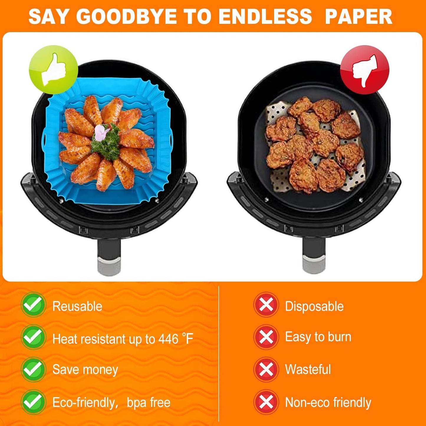 2 PCS Square Silicone Air Fryer Liners - 8 Inch Reusable Air Fryer Pot - Air Fryer Accessories - Air Fryer Inserts for 4 to 7 QT Oven Microwave Accessories (Red + Blue)