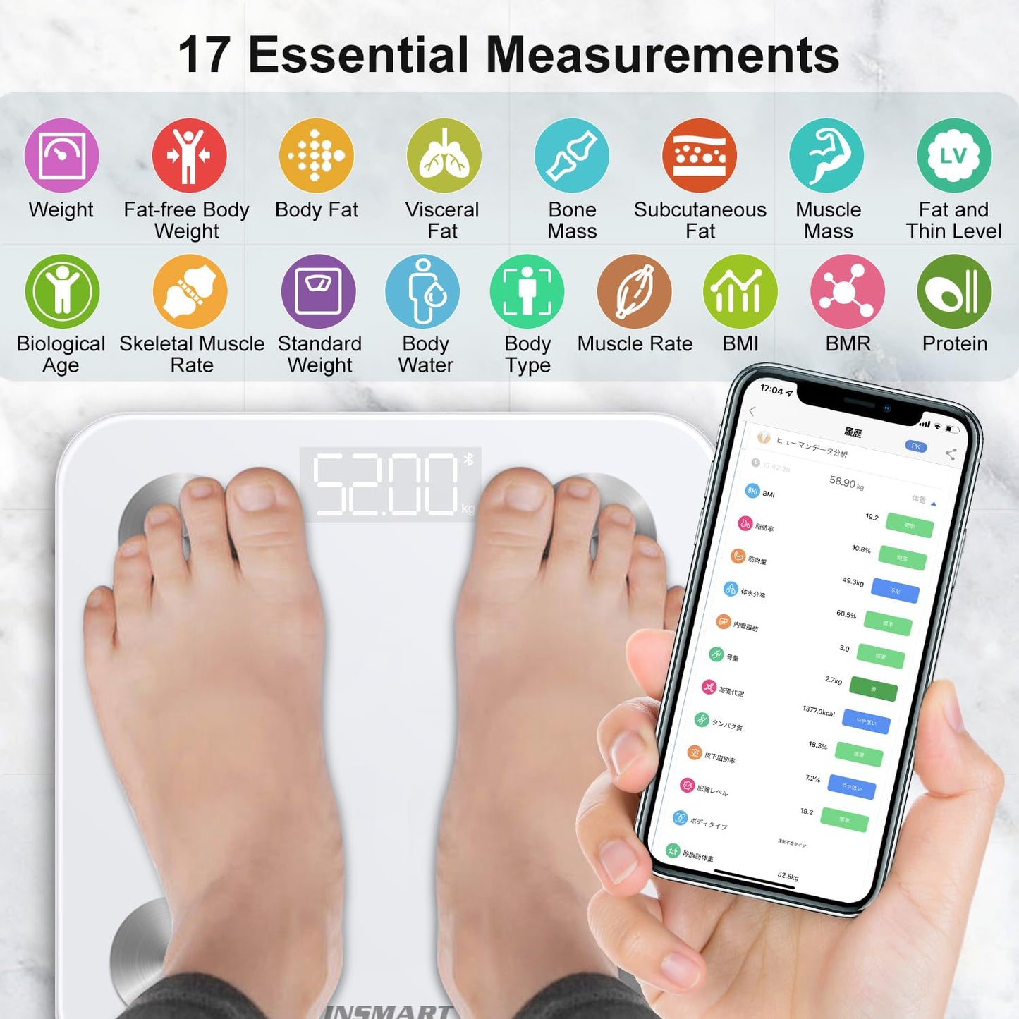 INSMART Smart Scale for Body Weight, Digital Bathroom Scale with BMI, Muscle Mass, Bluetooth Body Fat Scale,17 Body Composition Analyzer with Smart APP Sync Weight Scale, 400 lbs (White)