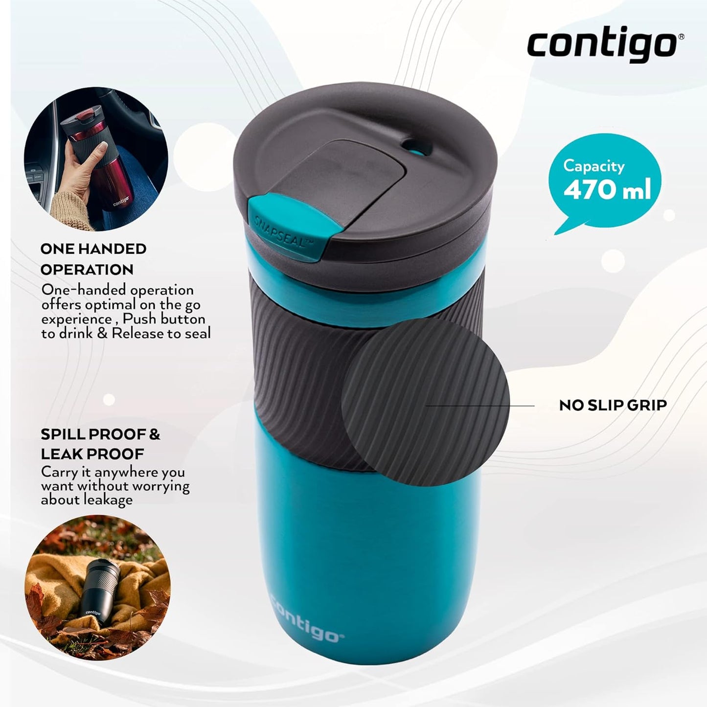 Contigo Byron Snapseal Travel Mug, Stainless Steel Thermal mug, vacuum flask, leakproof tumbler, coffee mug with BPA free Easy-Clean Lid, 470 ml, Biscay Bay