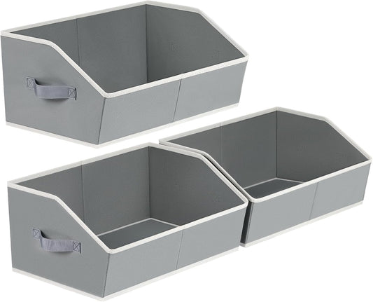 Trapezoid Closet Shelf Organizer - Large Baskets for Organizing, Fabric Storage Cubes for Shelves, Storag Organizers Bins for Clothes, Blankets, 3 Pack, Grey
