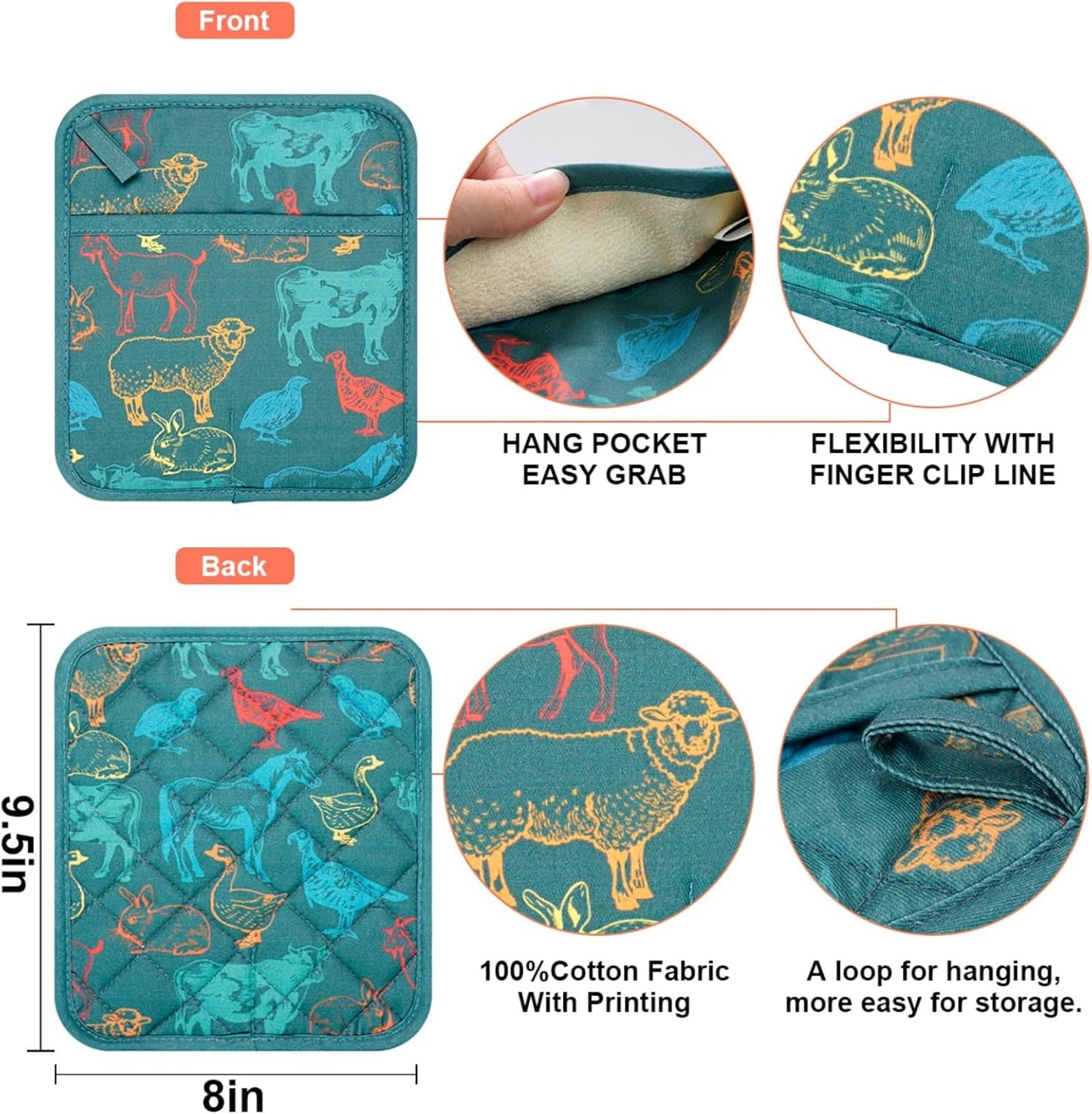 Pot Holders Set of 2 Heat Resistant 480℉ Kitchen 100% Cotton Comfortable Lining Printing Farm Cattle Flower Women Men Home Cooking Baking Microwave BBQ Gift (Farm Cattle potholds)