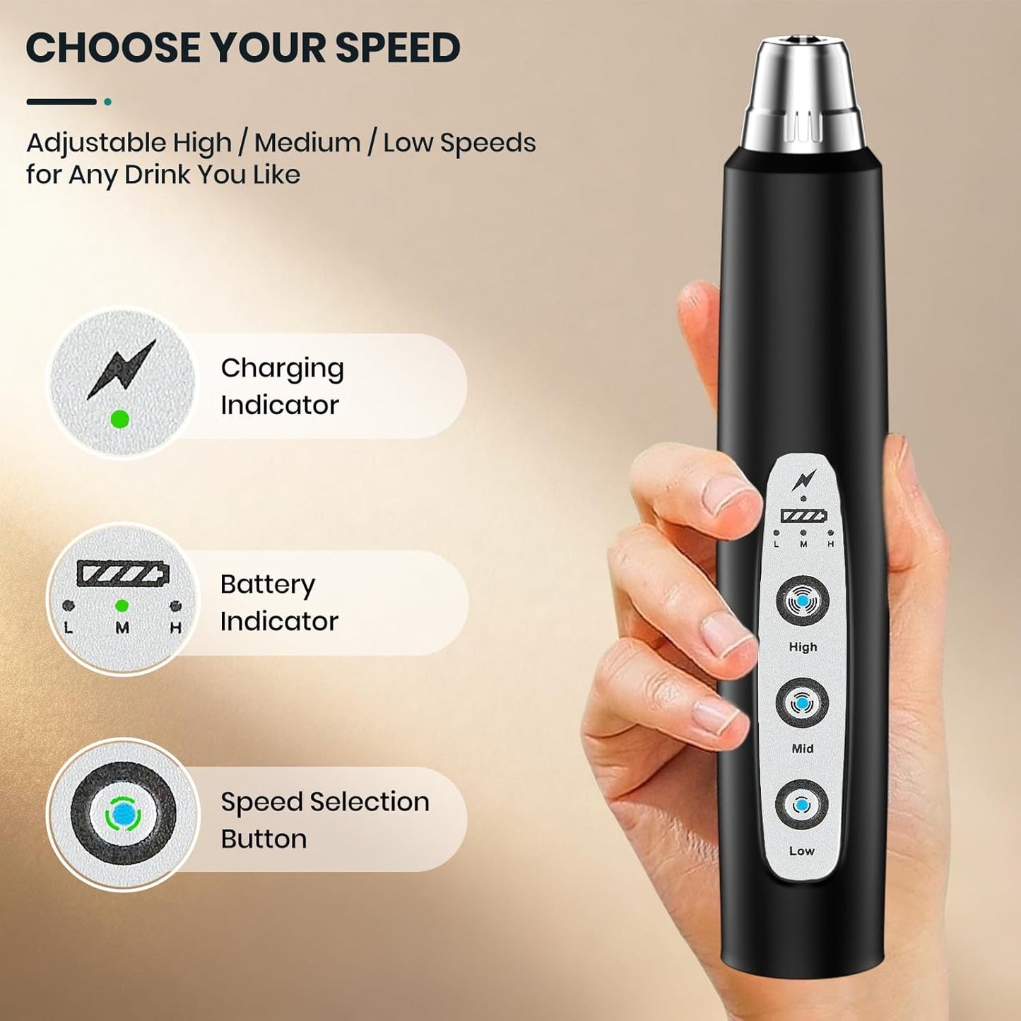 Milk Frother Handheld Rechargeable, Frother Wand Drink Mixer Electric Whisk for Coffee, Detachable With 3 Stainless Whisks, Hand Mixer for Lattes, Cappuccino, Matcha, Egg, No Stand,Black