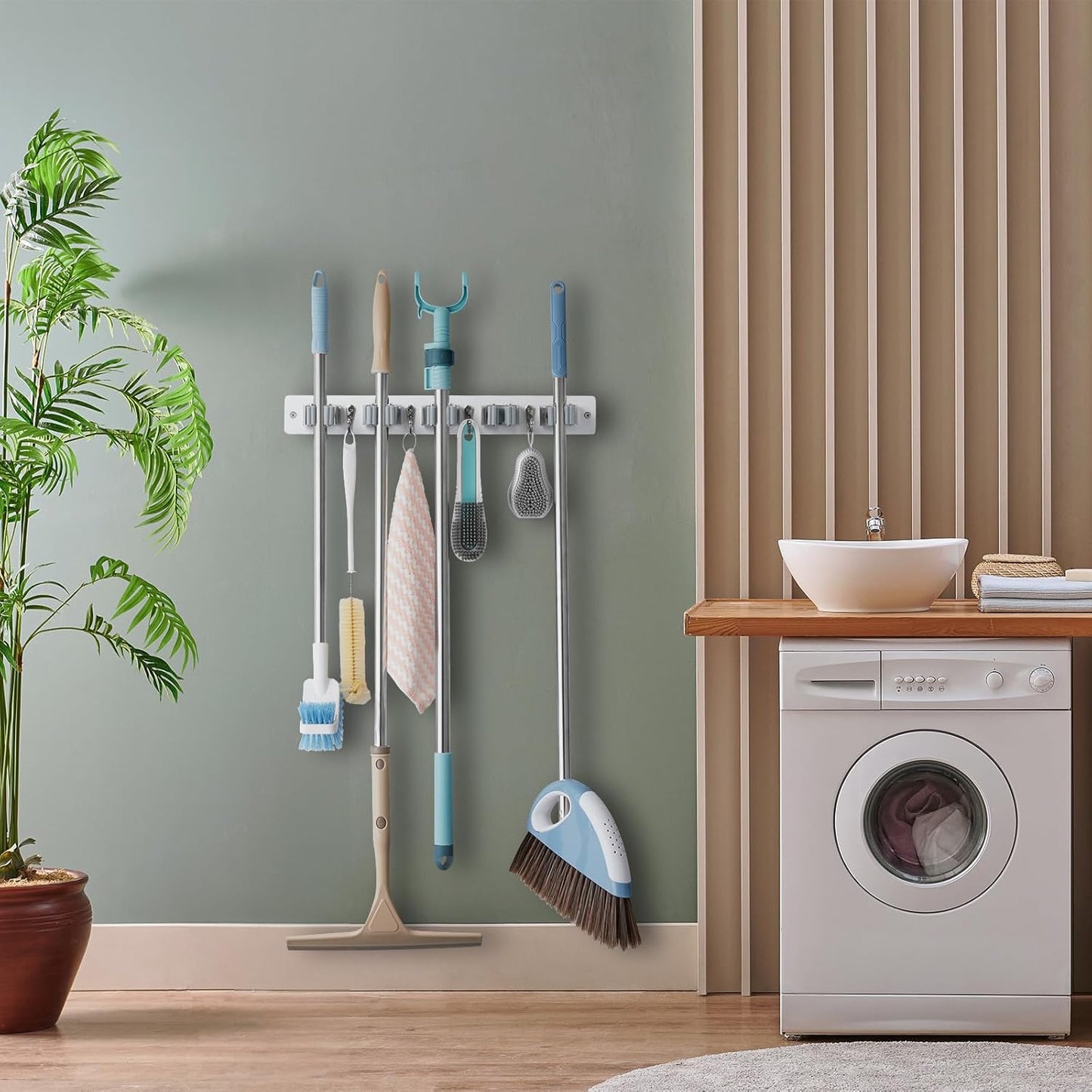 Mop and Broom Holder Wall Mount - White Broom Mop Hanger - Wall Mounted Garden Tool Rack Organizer for Closet Garage Laundry Room Kitchen Decor With 5 Slots & 4 Hooks