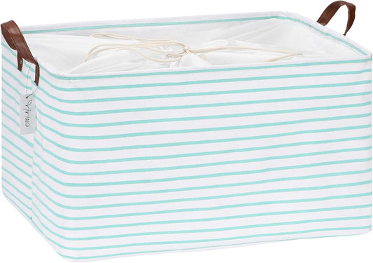 Hinwo 70L Extra Large Storage Bins, Closet Organizers and Storage, Foldable Clothes Storage Baskets with Handles, Containers for Clothing, Blanket, Comforters, Toys, Bedding (Mint Stripe)