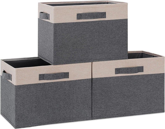 GhvyenntteS Large Fabric Storage Bins for Shelves with 3 Handles, 15x11x9.6 Inch Closet Storage Bins, Sturdy Foldable Storage Baskets for Shelves Closet Bedroom Living Room Office (Beige, Set of 3)