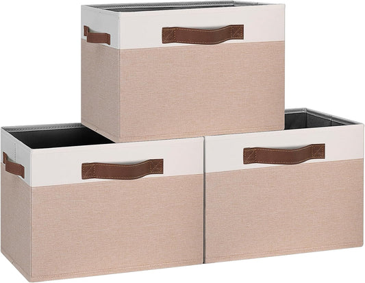 GhvyenntteS Large Fabric Storage Bins with Handles, 15x11x9.6 Inch Storage Baskets for Shelves, Foldable Closet Storage Bins for Shelves, Closet Organizers and Storage Boxes, Beige Yellow&White