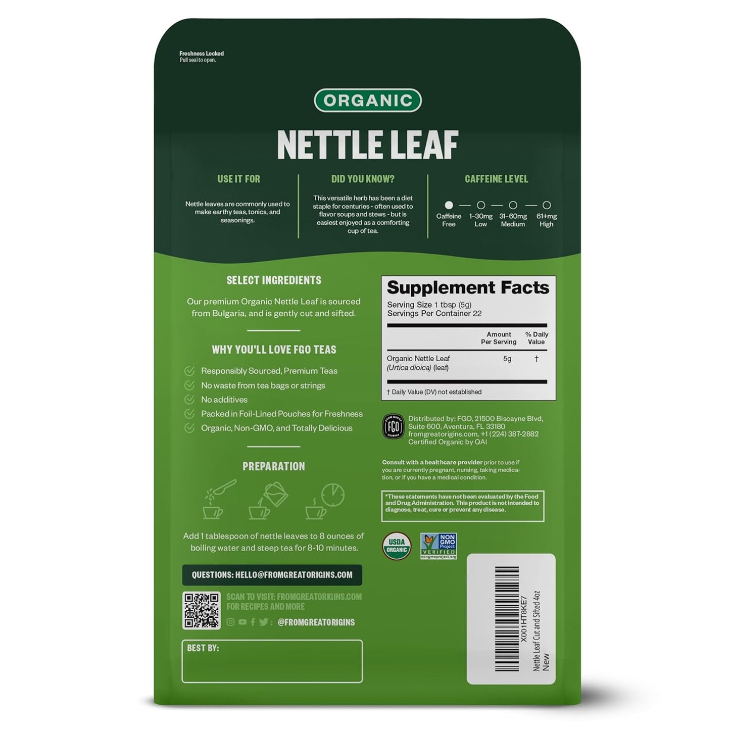 FGO Organic Nettle Leaf Loose Tea, Cut and Sifted, Caffeine Free, 4oz Resealable Bag, Packaging May Vary (Pack of 1)