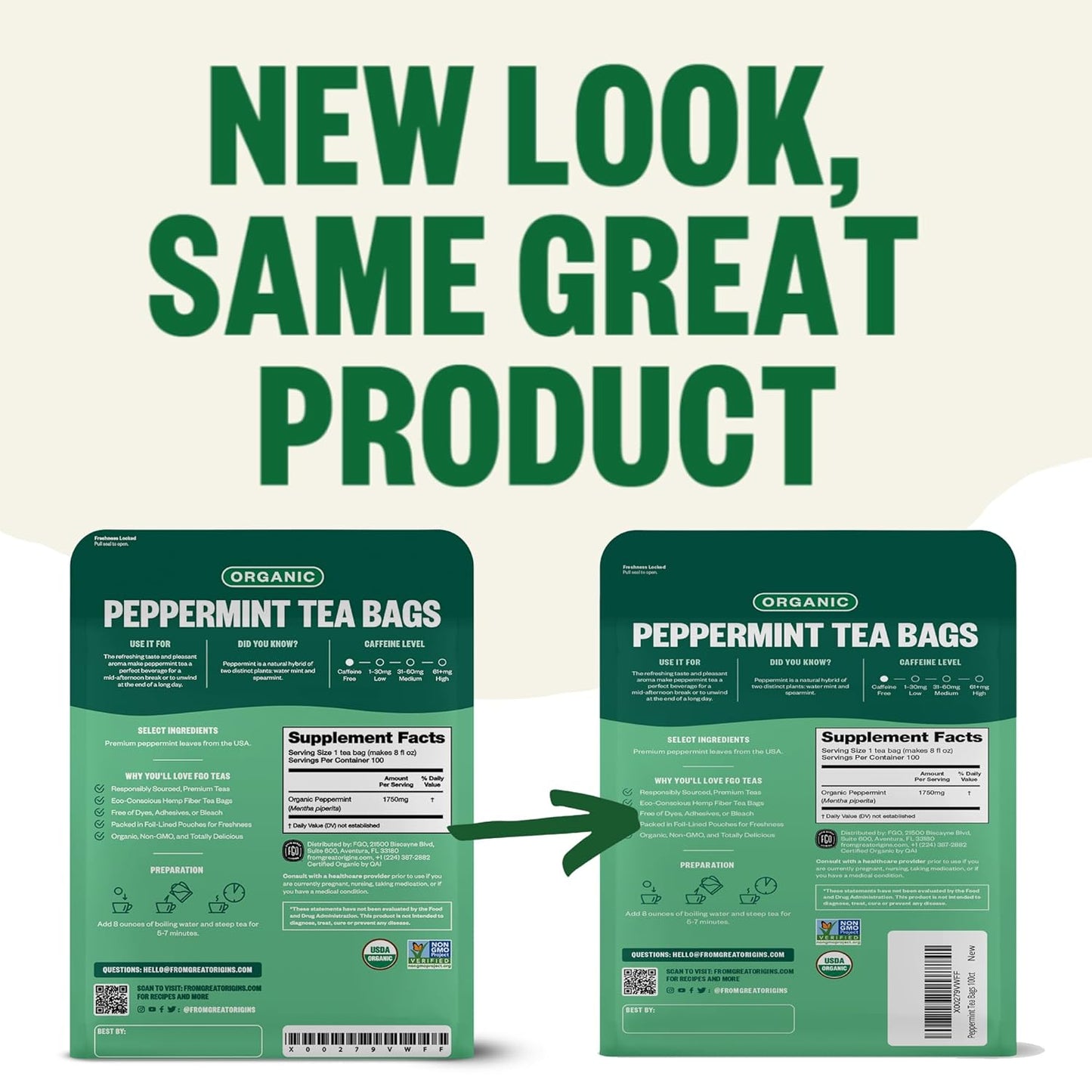 FGO Organic Peppermint Tea, 100 Count, Eco-Conscious Tea Bags, Caffeine Free, Packaging May Vary (Pack of 1)