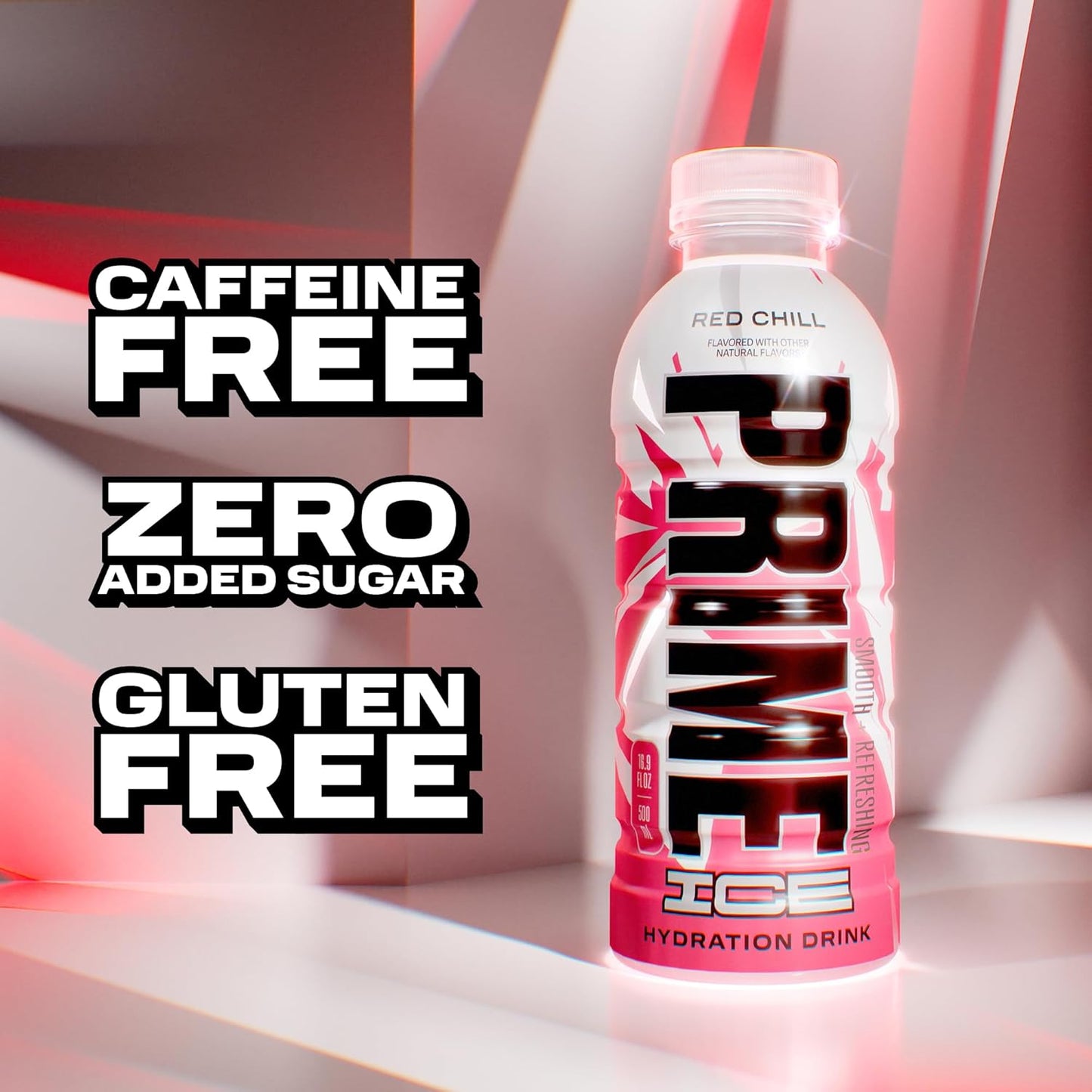 PRIME Hydration ICE RED CHILL, Sports Drinks, Electrolyte Enhanced for Ultimate Hydration, 250mg BCAAs, B Vitamins, Antioxidants, Low Sugar, 16.9 Fl Oz, 12 Pack