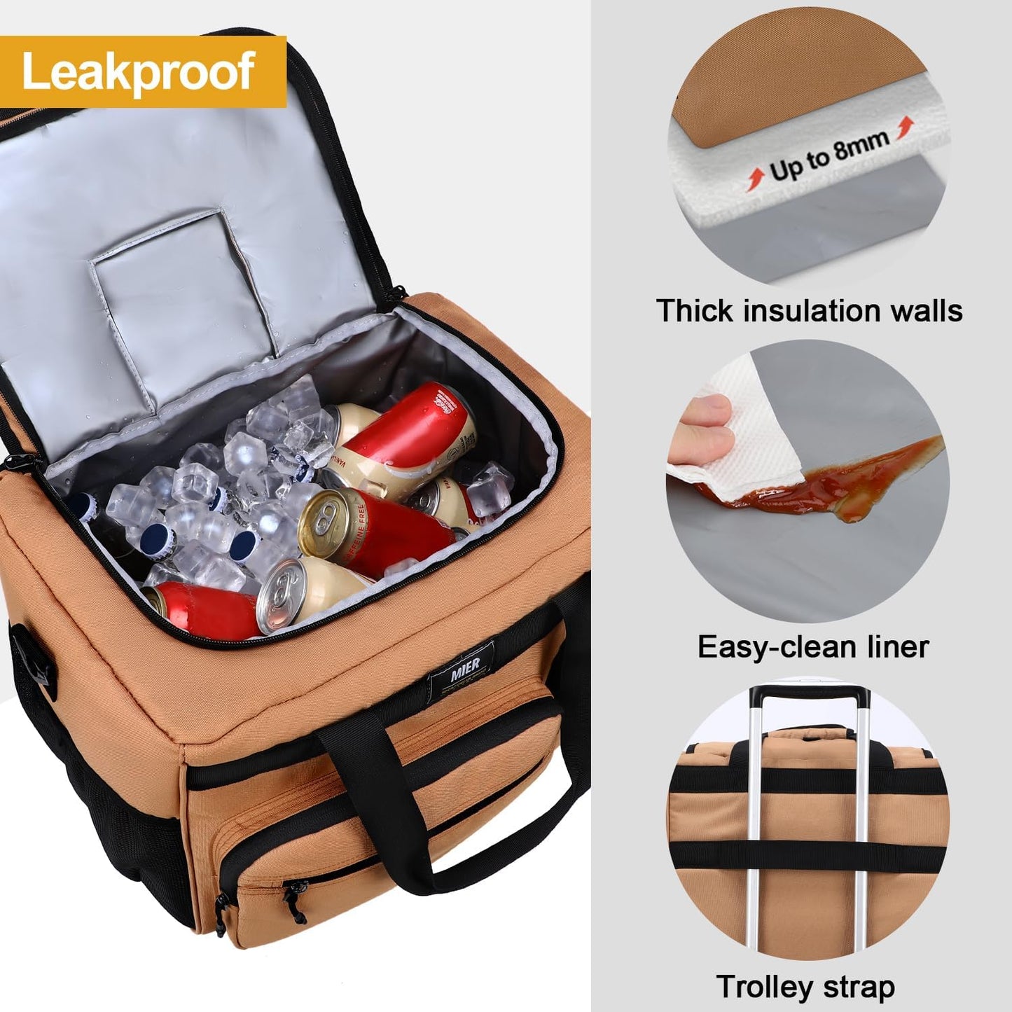 MIER 30L Extra Large Soft Cooler Bag with Bottle Opener for Camping Beach BBQ Grocery Golf Leakproof Picnic Lunch Bag, Collapsible, Top Flip Lid, 45Can (Khaki)