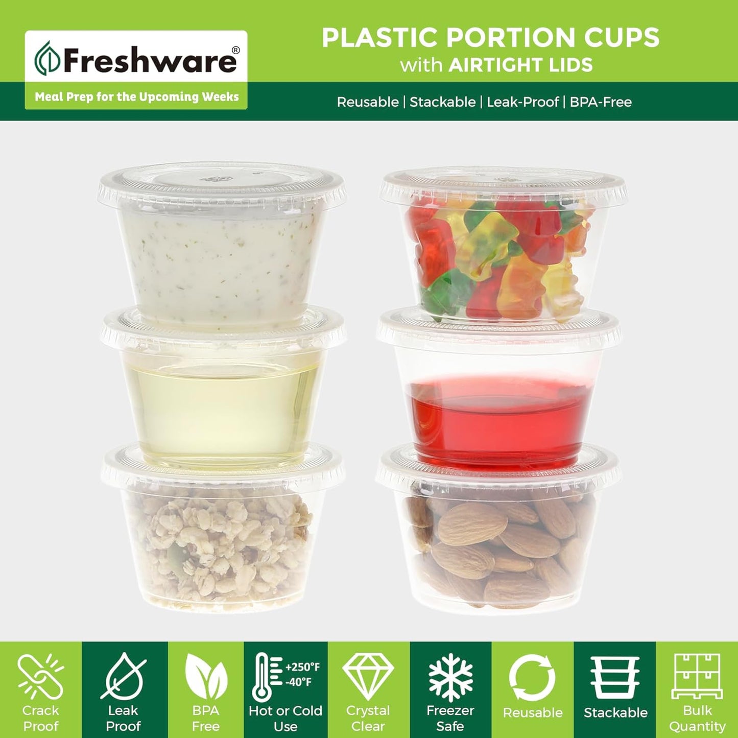 Freshware Plastic Portion Cups with Lids [4-Ounce, 100 Sets] - Souffle, Sampling, Sauce, Snack, Dressing, Jello Shot Cups, Plastic Containers, BPA Free