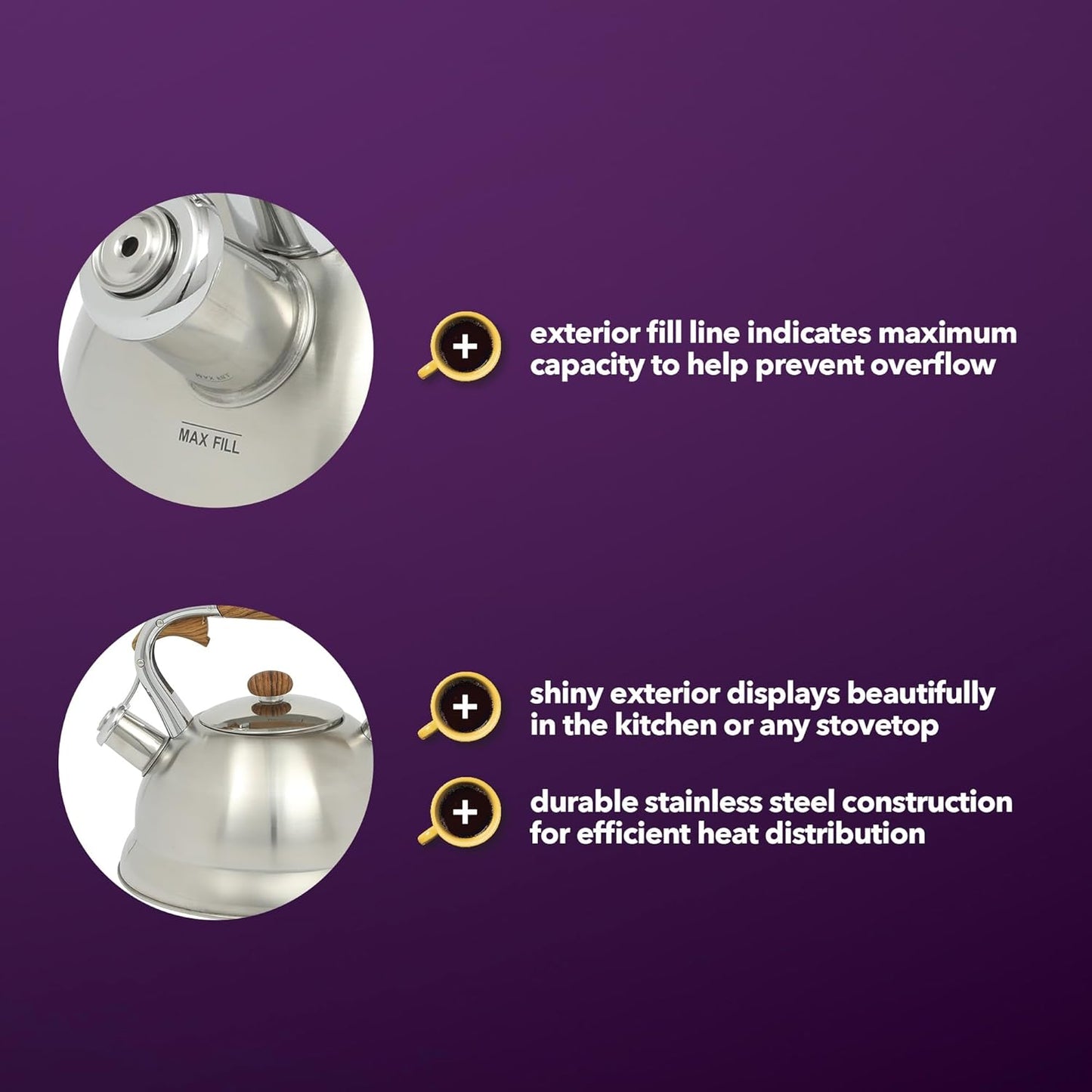 Mr. Coffee Woodmont 2-Quart Stainless Steel Tea Kettle With Wood Handle, Stovetop Whistling Kettle, Durable Fast-Boil Tea Pot