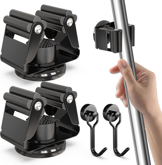 3-H Magnetic Broom Holder 4 Piece Set, 304 Stainless Steel Broom Holder Wall Mount, No Drilling Magnetic Tool Holder with 2 Mini Magnetic Hooks for Garage Garden Laundry Kitchen, Black