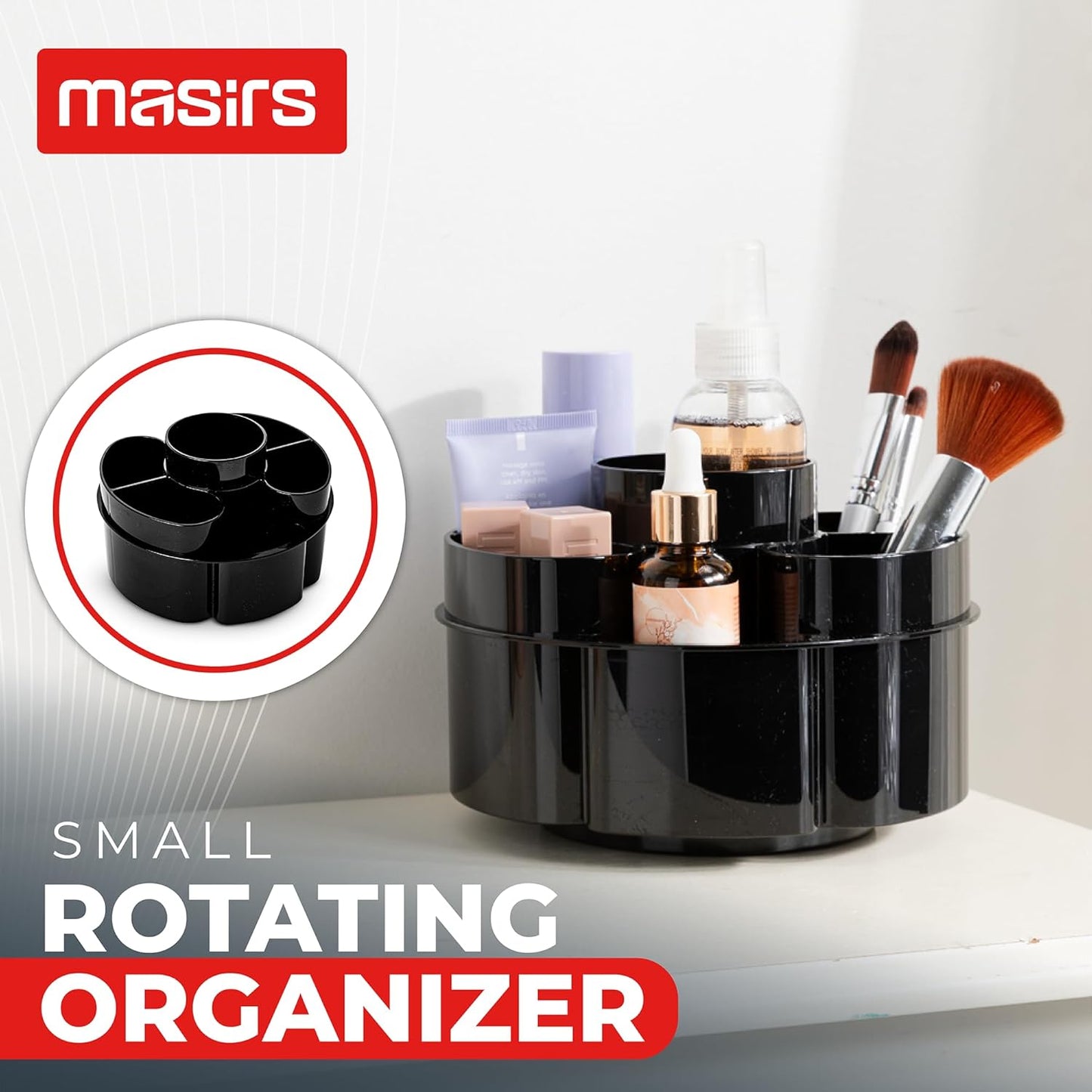 Masirs Small Rotating Makeup Organizer - Mini Yet Spacious Cosmetic Storage Solution with Multiple Compartments - The Perfect Spinning Make-Up Caddy for Vanity or Bathroom Counter (Round - Black)