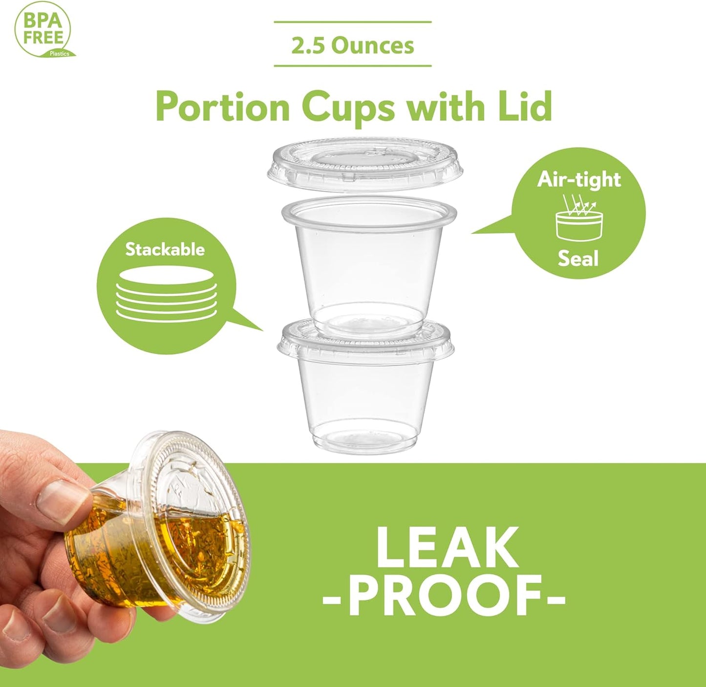 {2.5 oz - 100 Sets} Clear Diposable Plastic Portion Cups With Lids, Small Mini Containers For Portion Controll, Jello Shots, Meal Prep, Sauce Cups, Slime, Condiments, Medicine, Dressings, Crafts, Disposable Souffle Cups & Much more