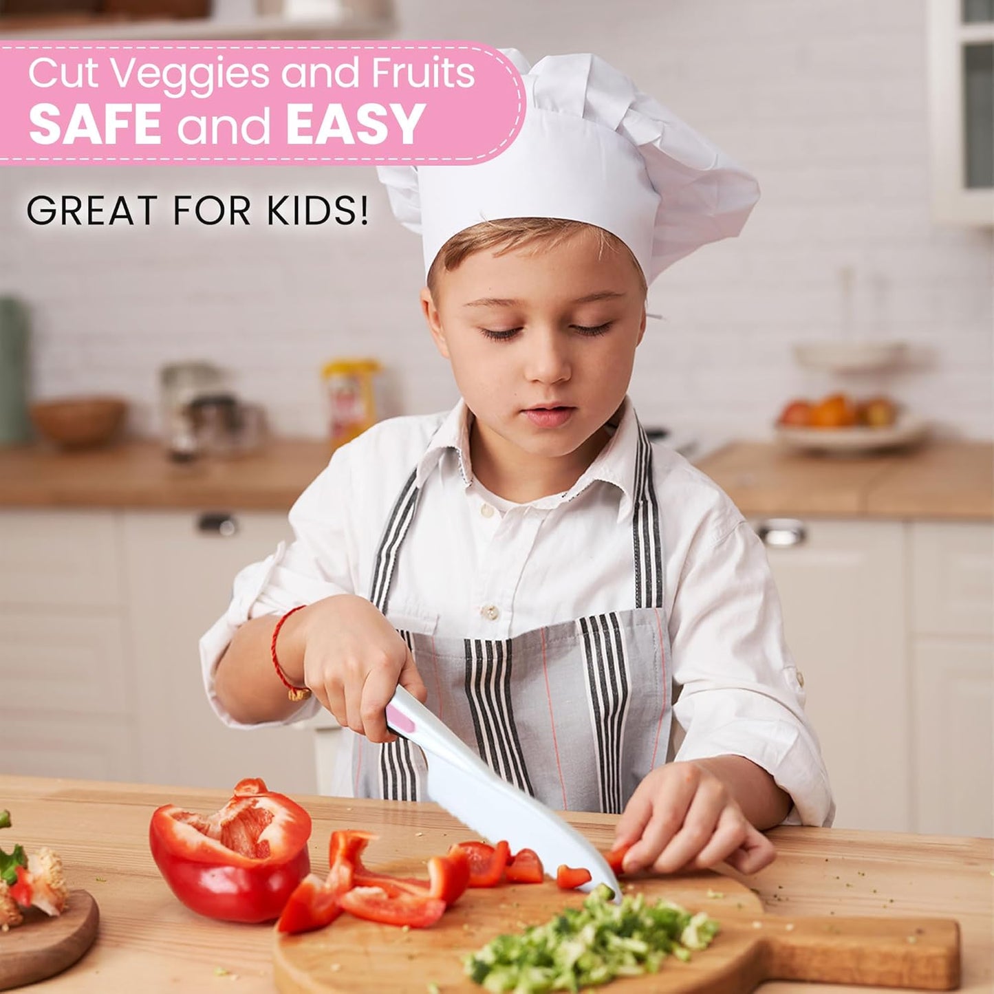 Zulay 3-Piece Kids Knife Set for Real Cooking & Baking - Toddler Knives for Cutting Fruits, Veggies, & Cake - Children’s Montessori Knife with Serrated Edges - Safe & Fun Lettuce Knife (Pink)