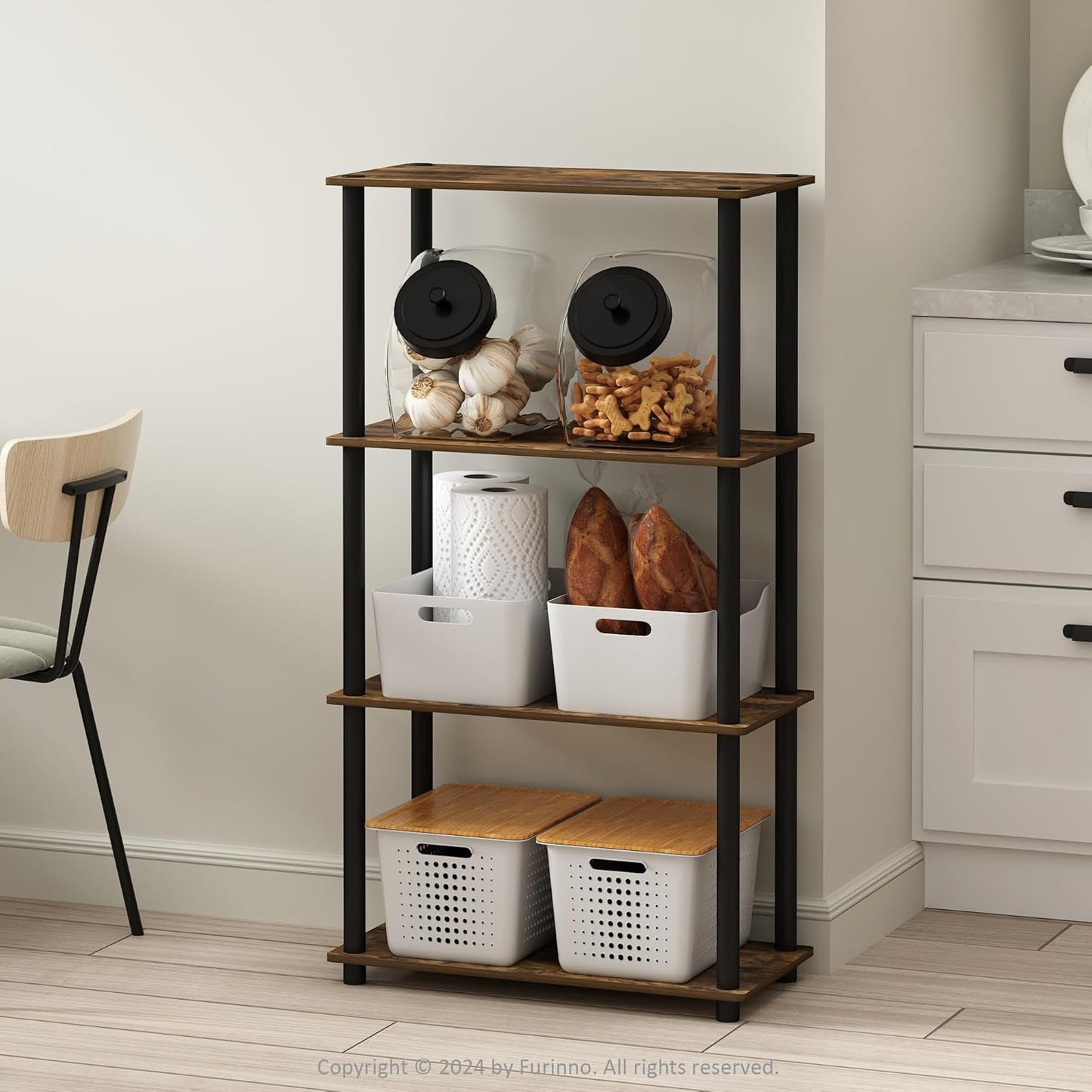 Furinno TURN-N-TUBE Storage Shelves, 4-Tier Toolless Book Shelf, Corner Shelf, Toolless Open Shelves, for Organization and Storage, Living Room, Garage, Home Office, Amber Pine