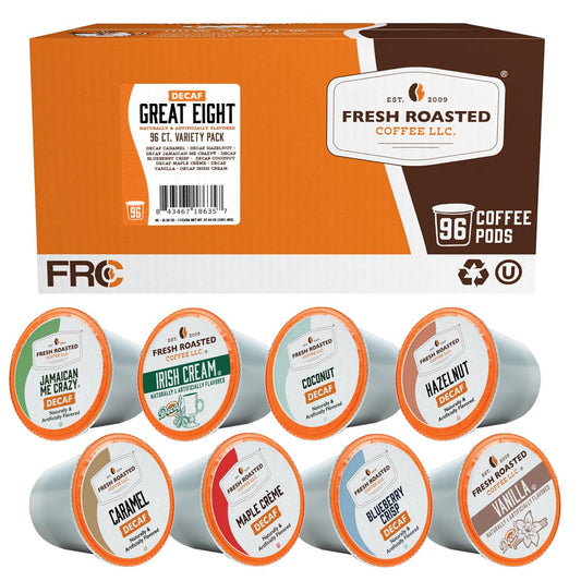 Fresh Roasted Coffee, The Decaf Great Eight, Flavored Coffee Pod Variety Pack, K-Cup Compatible, 96 Count