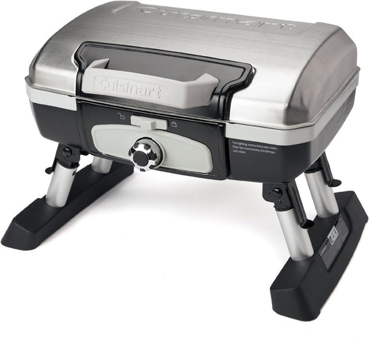 Cuisinart Petite Gourmet Portable Gas Grill, Compact Portable Grill Propane, 150 Sq. In. Cooking Surface, 5,500 BTU Burner Small Gas Grills for Camping, BBQ, Folding Legs and Carry Handles, Stainless