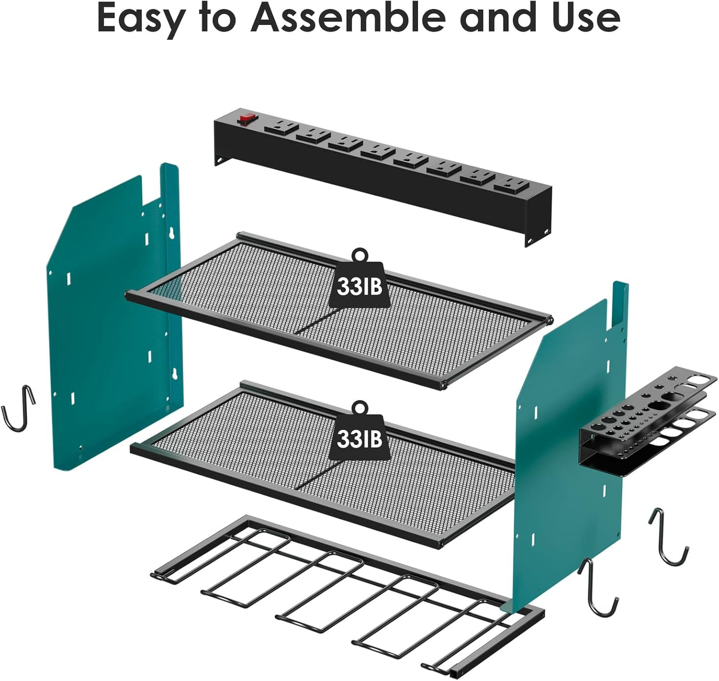 CCCEI Modular Power Tool Organizer Wall Mount with Charging Station. Garage Drill Storage Shelf with Hooks, Heavy Duty Rack, Tool Battery Holder Built in 8 Outlet. Gift for Men. Navy Blue, 1 Pack.