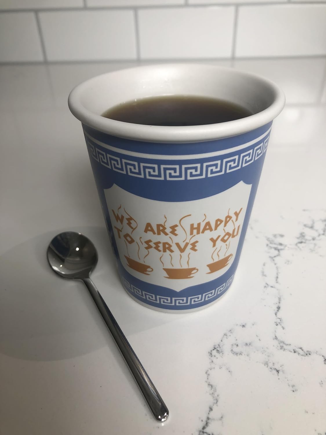 10 oz Ceramic New York City Greek Coffee Cup "We are Happy to Serve You"