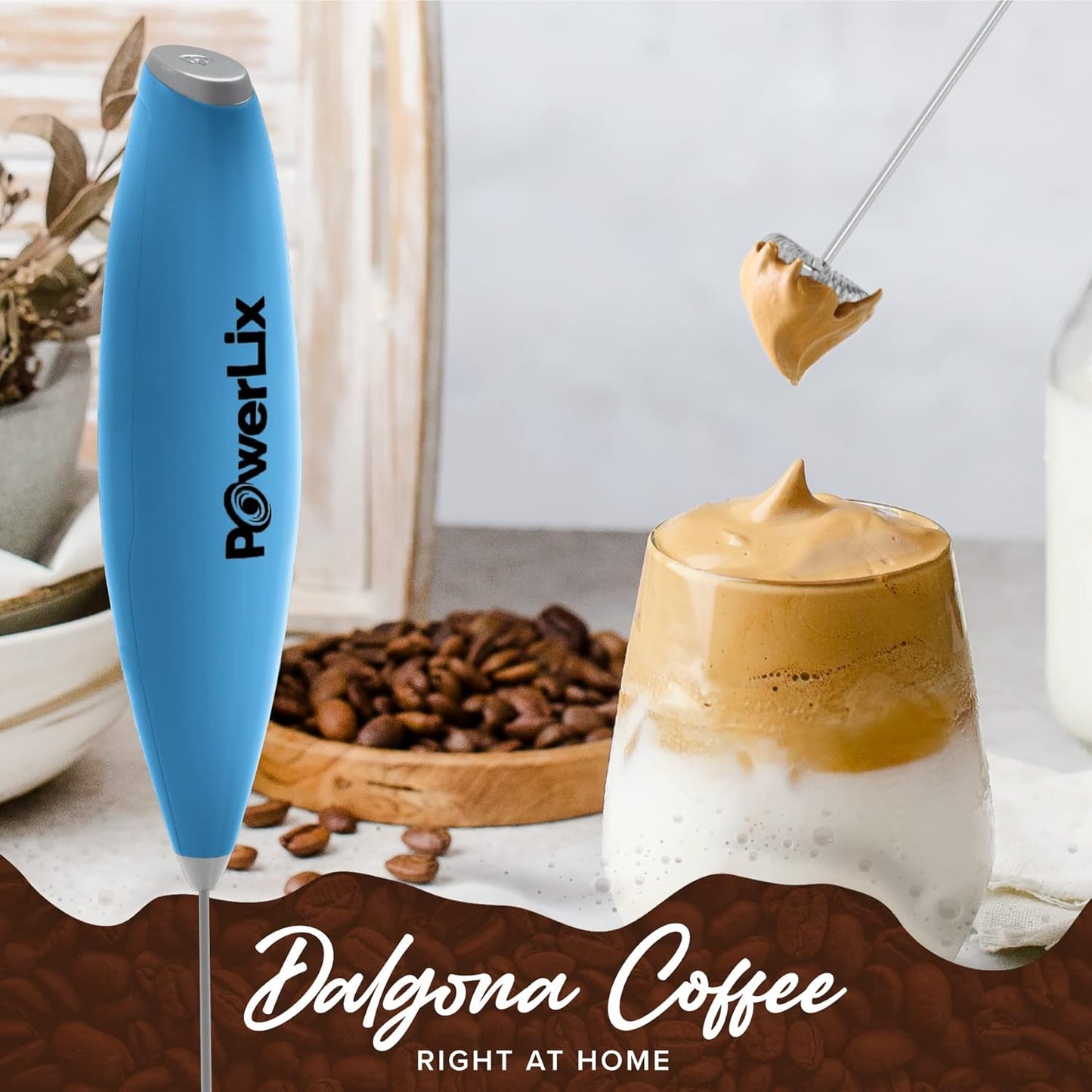 PowerLix Powerful Handheld Milk Frother With Stand Battery Operated Foam Maker Frother Wand For Coffee (A Black) (No Stand Blue)