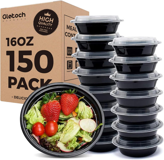 Glotoch Express 16oz Black Plastic Round Meal Prep Containers, 150 Pack Reusable Microwave Freezer Dishwasher Safe