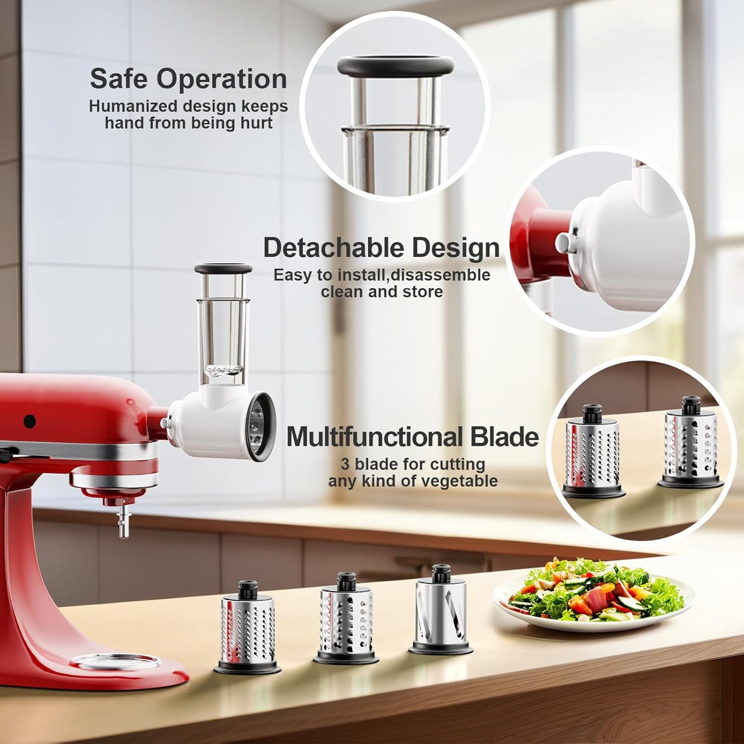 Cofun Slicer Shredder Attachment for Kitchenaid Stand Mixer, Cheese Grater Attachment, Food Slicer Salad Maker for Kitchen aid Mixer Accessories and Attachments with 3 Blades