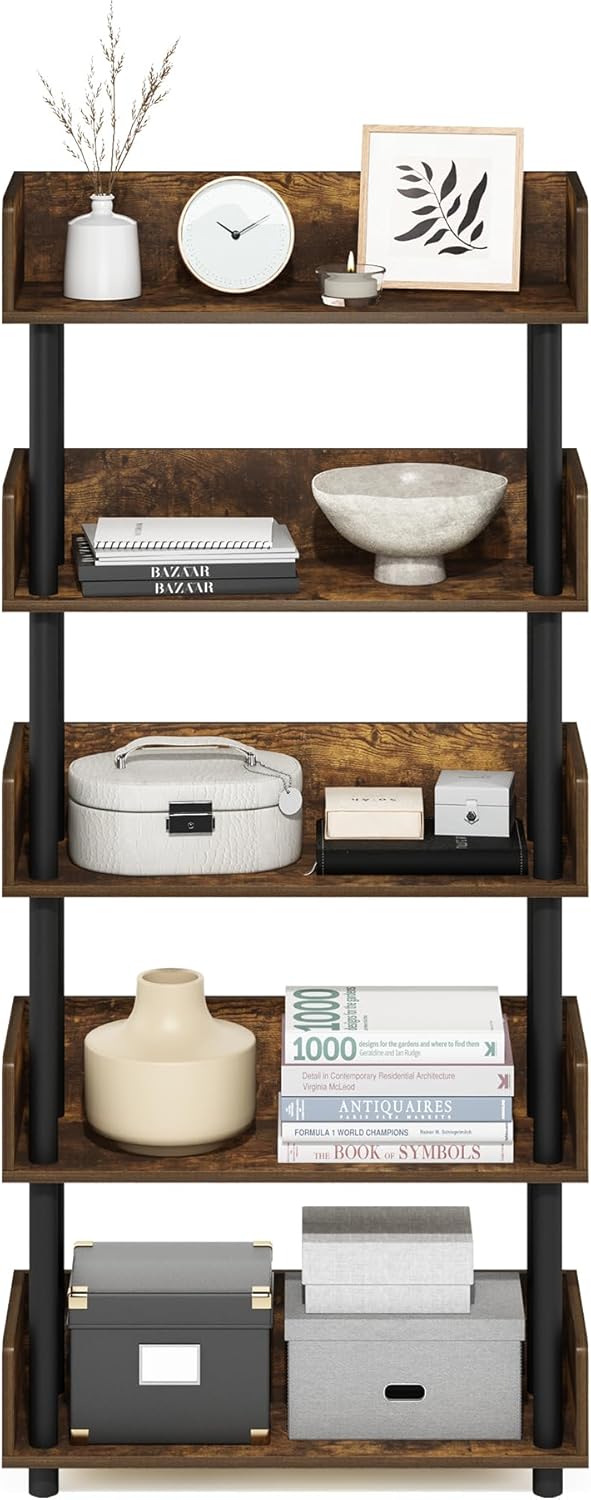 Furinno TURN-N-TUBE 5-Tier Display Shelf, Storage Shelves, Book Shelf, Open Shelves with Rounded Corner Top Edges, for Organization and Storage, Living Room, Home Office, Amber Pine