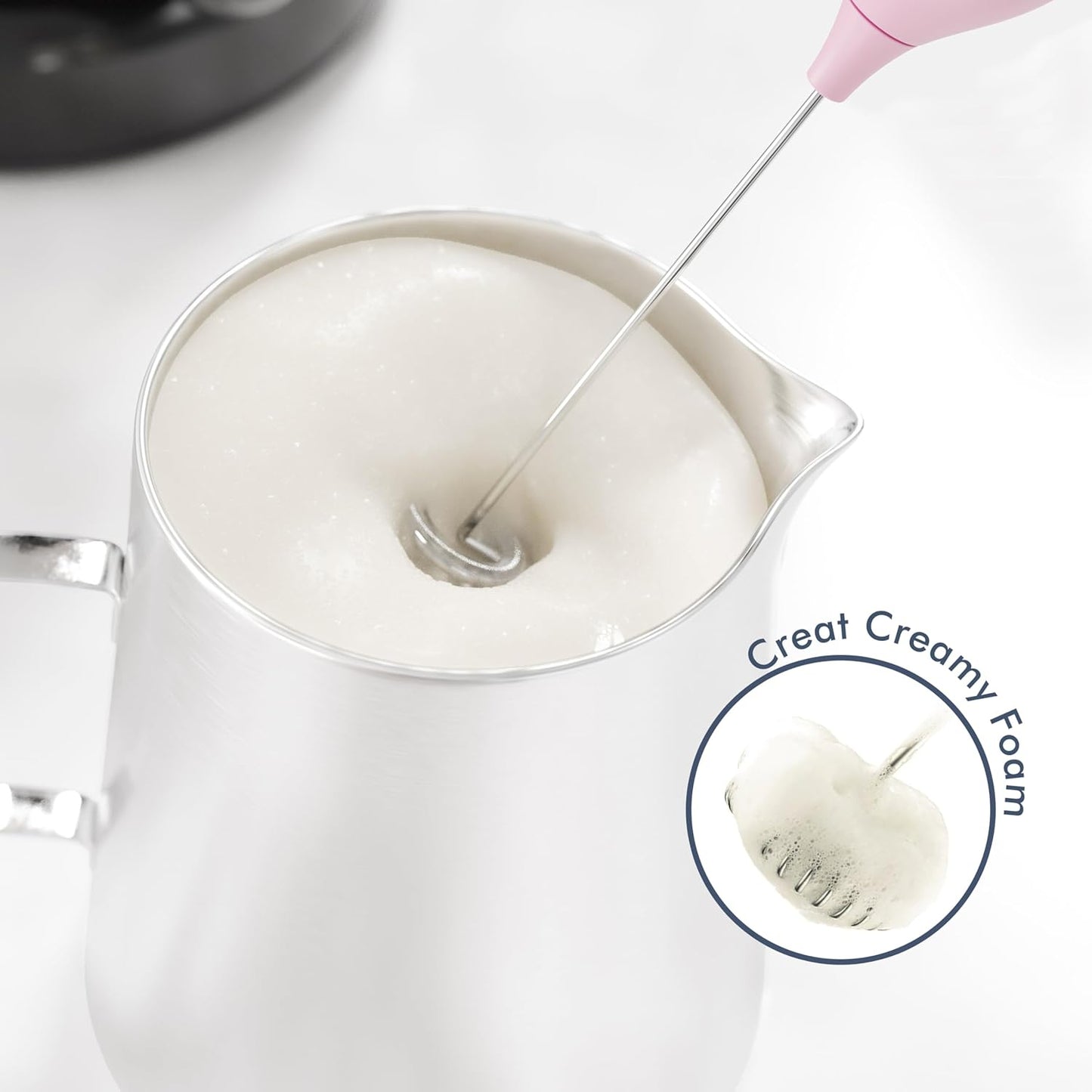 Rechargeable Milk Frother Wand with Stand, Foam Maker with Stainless Whisk, 3-Speeds Electric Handheld Drink Mixer for Coffee, Cappuccino, Latte, Matcha, Hot Chocolate (Pink)