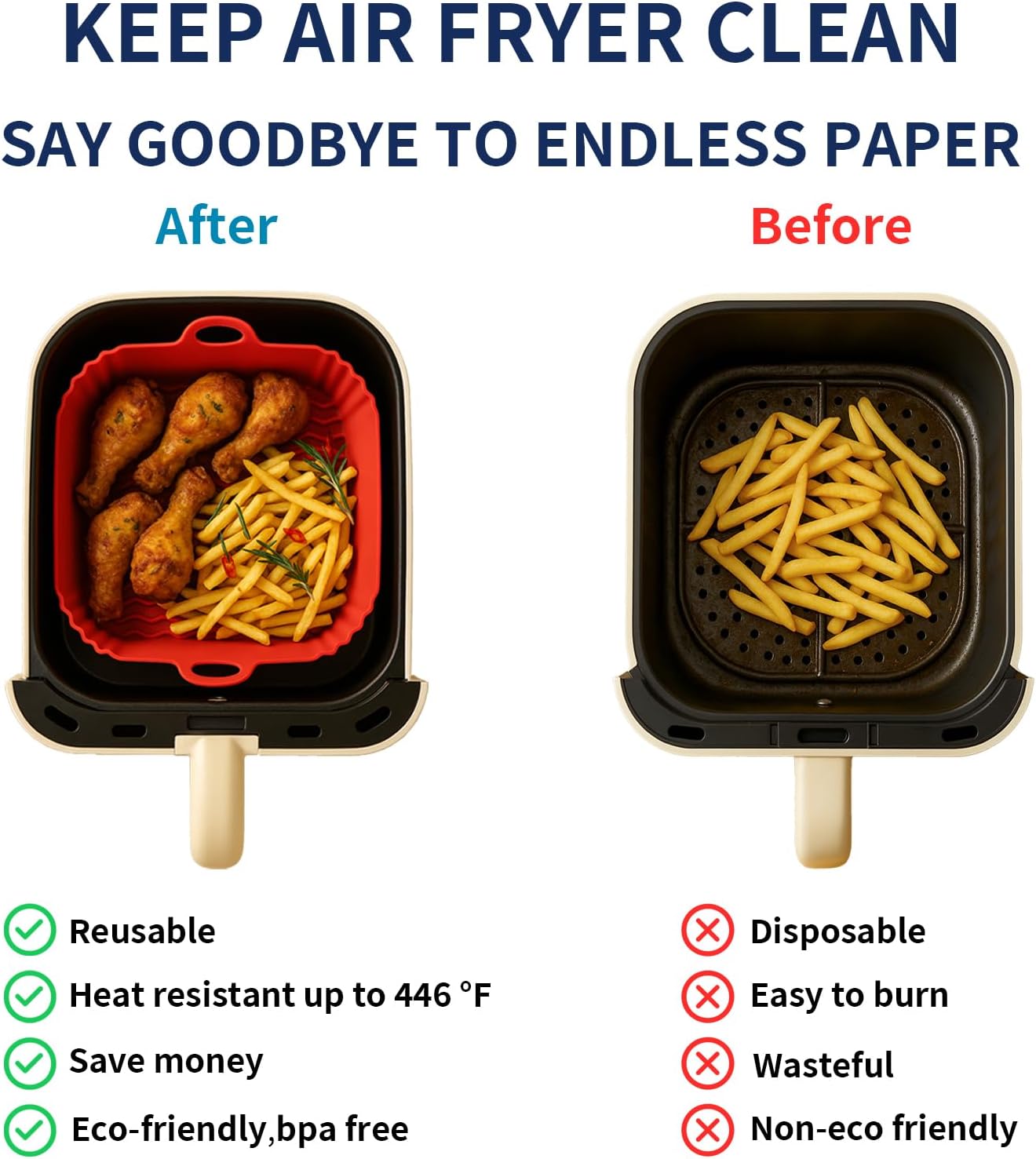 9 Inch Large Air Fryer Silicone Liners - 2 PCS Square Reusable AirFryer Basket Liners for 5-8QT Air fryer, Air fryer Accessories for Baking Roasting Microwave (Red + Blue)