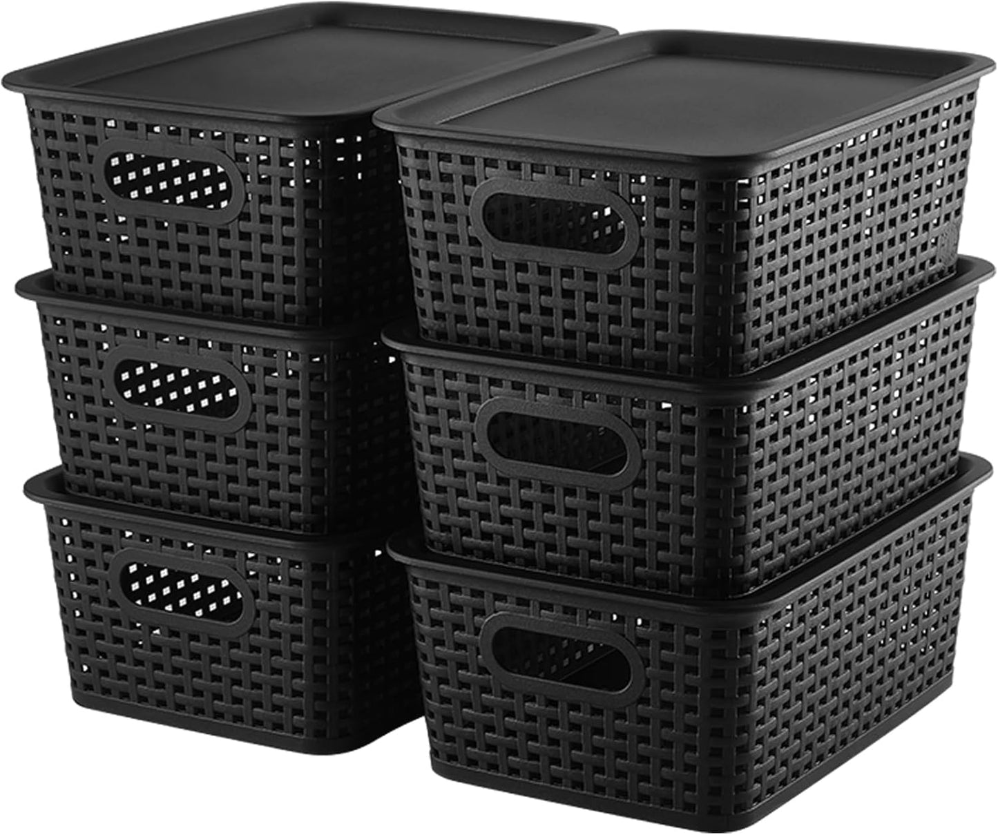 AREYZIN Storage Bins Plastic Storage Baskets With Lid Small Baskets for Organizing Stackable Storage Container Organizer Bins for Shelves Drawers Desktop Playroom Classroom Office, 6 Pack,Black