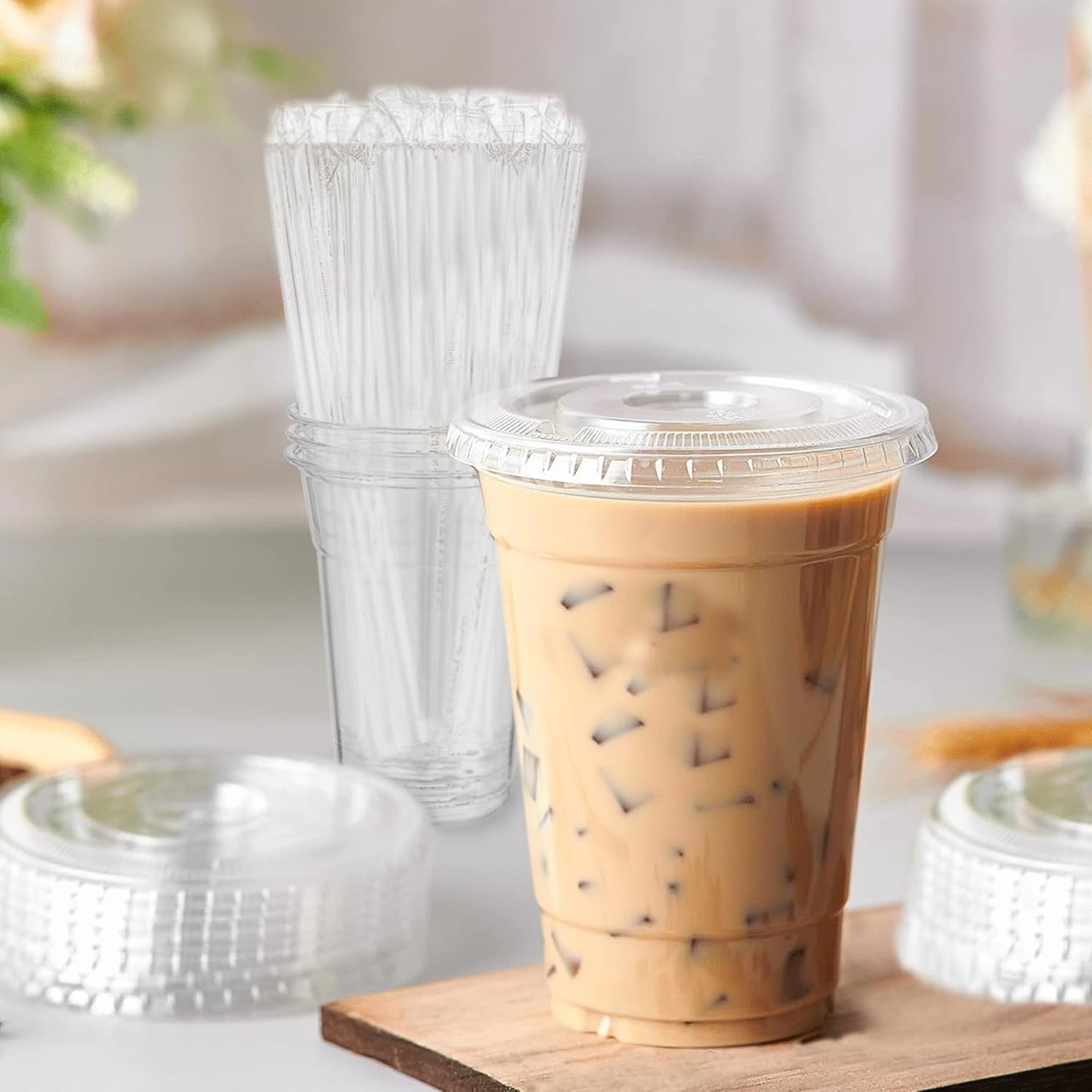 TashiBox TahiBox Plastic cups with lids and straws 16 oz 100sets [100 cups & 100 flat lids & 100 straws],clear crystal disposable iced coffee cups with lids