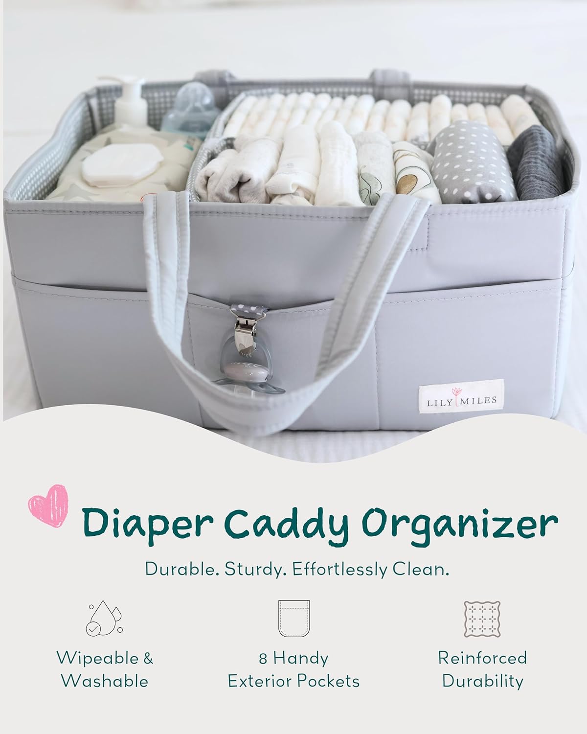 Lily Miles Diaper Caddy Organizer with 8 Pockets, Wipeable Baby Caddy Basket for Diapers and Wipes, Baby Registry Favorites, Nursery Tote Bag for Changing Table or Car (Heather Grey, Large)