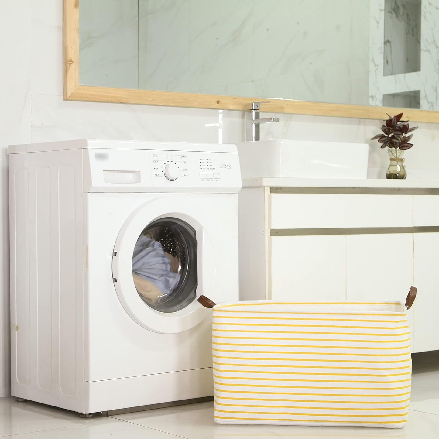 Hinwo 70L Extra Large Storage Bins, Closet Organizers and Storage, Foldable Clothes Storage Baskets with Handles, Containers for Clothing, Blanket, Comforters, Toys, Bedding (Yellow Stripe)