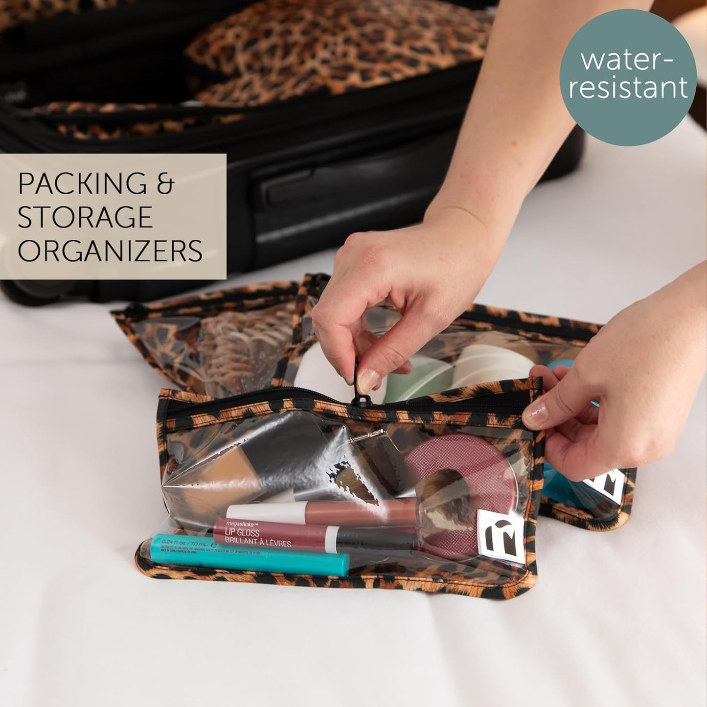 Roamio Travel Bag, Toiletry, TSA Approved Pouch, Zip Quart Size Airline Compliant, Clear-Sided, Baby, Diaper Bag Organization, Makeup, Accessories, Carry On Packing, Set of 3 Sizes, Leopard Print