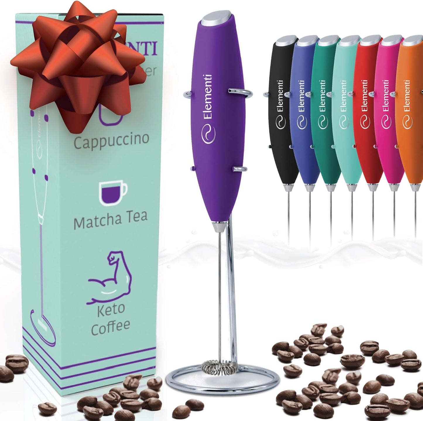 Elementi Milk Frother Wand & Drink Mixer - High Powered Hand Blender, Handheld Coffee Mixer Wand with Stand - Milk Foamer to Make Perfect Cappuccino Lattes & Hot Chocolate at Home (Purple)